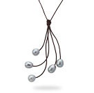 Simple Style 10-11mm Gray Freshwater Pearl Leather Y Shape Tassel Necklace with Brown Leather