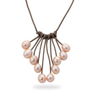 Fan Shape 10-11mm Pink Freshwater Pearl Leather Necklace with Light Brown Leather