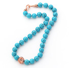 Wholesale 12mm Round Blue Turquouise with Black Wire Beaded Knotted Necklace with Golden Rose Color Metal Ball