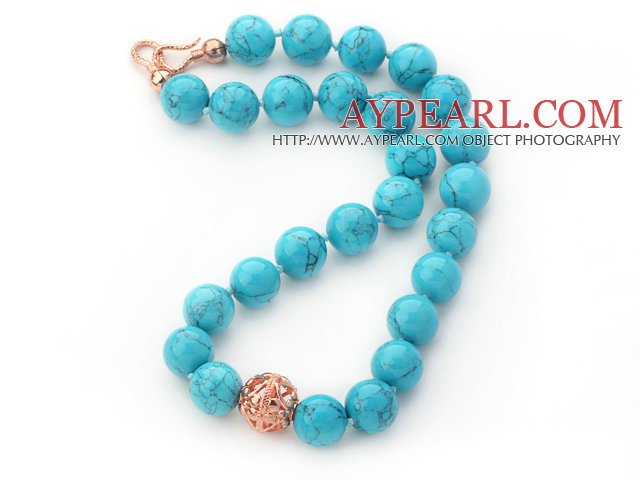16mm Round Blue Turquouise with Black Wire Beaded Knotted Necklace with Golden Rose Color Metal Ball