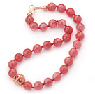 Wholesale 14mm Round Faceted Cherry Quartz Beaded Knotted Necklace with Golden Rose Color Metal Ball
