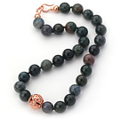12mm Round Green and Black Color Indian Agate Beaded Knotted Necklace with Golden Rose Color Metal Ball