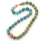 12mm Round Blue and Green Color Imperial Jasper Beaded Knotted Necklace with Golden Rose Color Metal Ball