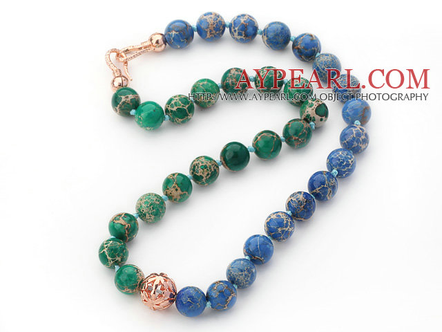 12mm Round Green and Blue Color Imperial Jasper Beaded Knotted Necklace with Golden Rose Color Metal Ball