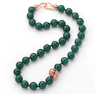 12mm Round Dark Green Agate Beaded Knotted Necklace with Golden Rose Color Metal Ball