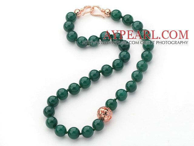 12mm Round Dark Green Agate Beaded Knotted Necklace with Golden Rose Color Metal Ball