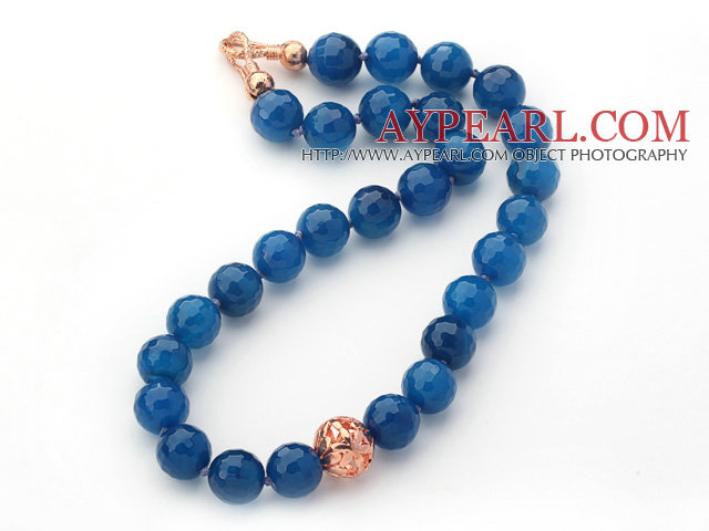 14mm Round Faceted Blue Agate Beaded Knotted Necklace with Golden Rose Color Metal Ball