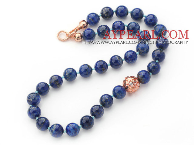 12mm Round Lapis Beaded Knotted Necklace with Golden Rose Color Metal Ball