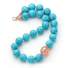 Wholesale 18mm Round Blue Turquoise with Black Wire Beaded Knotted Necklace with Golden Rose Color Metal Ball