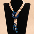 Fantastic Natural Pink Pearl Blue Agate Y Shape Tassel Party Necklace
