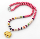 Assorted Dyed Pink and Multi Color Howlite Necklace with Elephant Pendant ( Random Pendant Color)