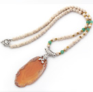 Medium Long Style White Howlite Necklace with Irregular Shape Agate Slice Pendant