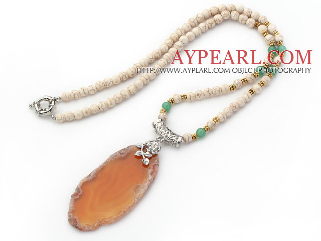 Medium Long Style White Howlite Necklace with Irregular Shape Agate Slice Pendant