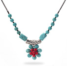 Wholesale New Design Green Turquoise and Alaqueca Flower Necklace with Black Thread