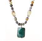 Three Colored Jade Necklace with Agate Pendant and Tibet Silver Accessories