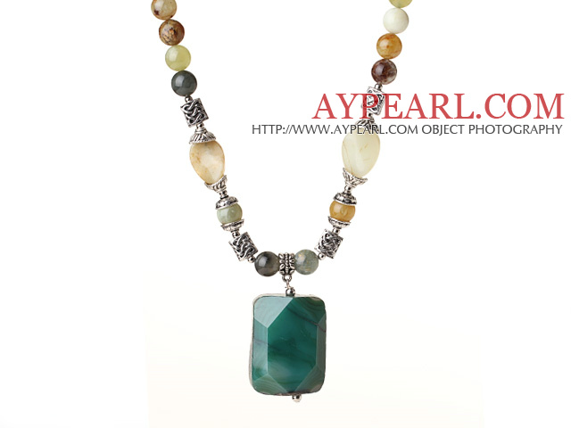 Three Colored Jade Necklace with Agate Pendant and Tibet Silver Accessories