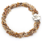 Wholesale Multi Strands Golden Color Freshwater Pearl and Picture Jasper and Rutilated Quartz Twisted Necklace