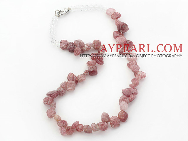 Pink Series Irregular Shape Top Drilled Strawberry Quartz and Clear Crystal Necklace