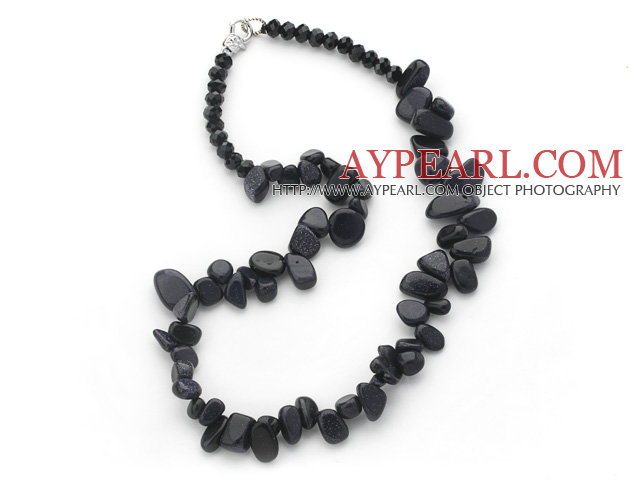 Black and Blue Series Irregular Shape Top Drilled Blue Sandstone and Black Crystal Necklace