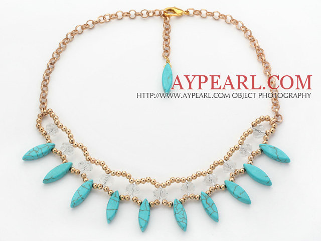 Assorted Eye Shape Green Turquoise and Clear Crystal Necklace with Yellow Color Metal Chain