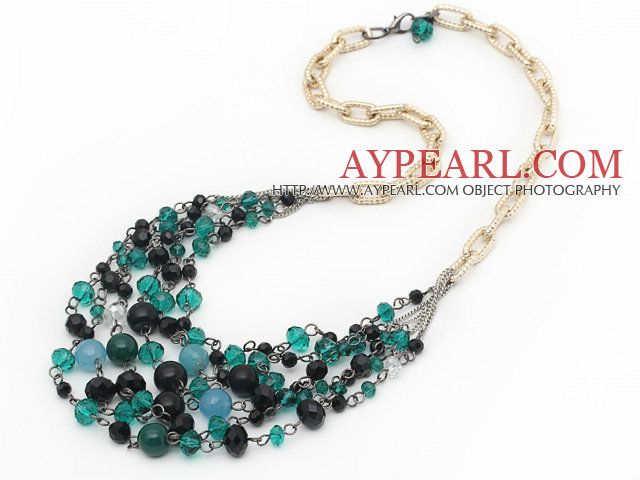 Green and Black Series Green Crystal and Black Agate and Black Seashell Necklace with Metal Chain