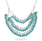 New Design Three Layer Teardrop Shape Green Turquoise Necklace with Silver Color Metal Chain