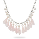 Wholesale New Design A Grade Freshwater Pearl and Flower Shape Rose Quartz Necklace with Metal Chain