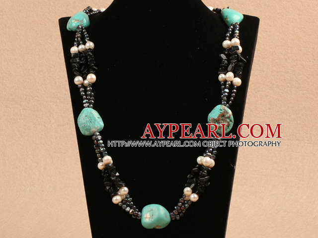 Unique Design Irregular Shape Turquoise Natural White Pearl Black Agate Necklace