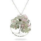 Rose Quartz and Prehnite Chips Tree of Life Pendant Necklace with Metal Chain