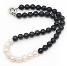 Wholesale Assorted 10-11mm Round Black Agate and White Freshwater Pearl Beaded Necklace