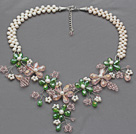 Wholesale White Freshwater Pearl and Pink Crystal and Green Crystal Flower Crocheted Necklace
