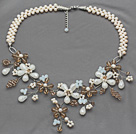 Wholesale White Freshwater Pearl and Opal Crystal and Light Brown Crystal Flower Crocheted Necklace