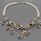 White Series White Freshwater Pearl and Orange and Gray Color Crystal Flower Necklace