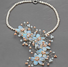 Wholesale Elegant Style White Freshwater Pearl and Opal Flower Crocheted Necklace