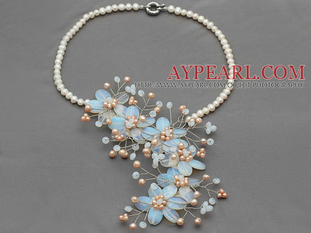 Elegant Style White Freshwater Pearl and Opal Flower Crocheted Necklace