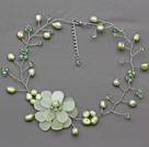 Light Green Series Green Freshwater Pearl and Green Crystal and Serpentine Jade Flower Crocheted Necklace