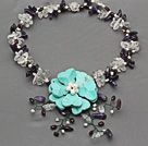 Wholesale Assorted White Freshwater Pearl and Clear Crystal and Amethyst Chips Necklace with Turquoise Crocheted Flower