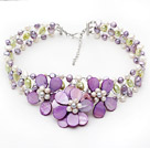 Elegant Style Violet Series Violet and Light Green Pearl and Violet Shell Flower Crocheted Necklace