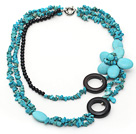 Wholesale Multi Strands Green Turquoise Chips and Black Agate Flower Necklace