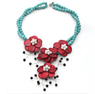 Wholesale Green Turquoise and White Freshwater Pearl and Black Agate and Red Shell Flower Necklace