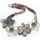 Wholesale Gray Series Barrel Shape Agate and Gray Shell and Turquoise Flower Necklace
