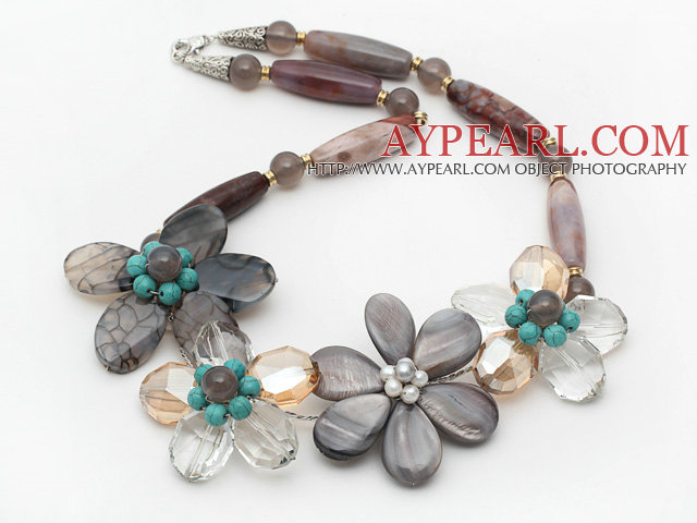 Gray Series Barrel Shape Agate and Gray Shell and Turquoise Flower Necklace