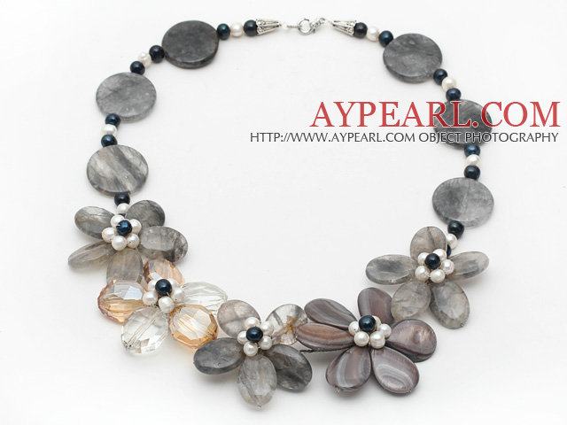 Gray Series Sponge Shell and Pearl Crystal Flower Necklace with Lobster Clasp