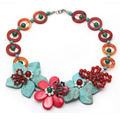 Red and Green Series Donut Shape Carnelian and Green Turquoise and White Pearl Flower Necklace