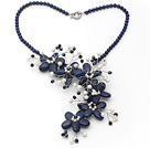 Dark Blue Series Lapis and White Freshwater Pearl Flower Party Necklace