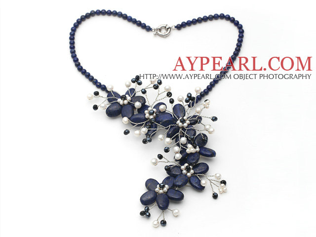 Dark Blue Series Lapis and White Freshwater Pearl Flower Party Necklace