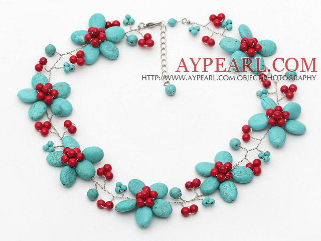 Green Turquoise and Alaqueca Flower Wire Crocheted Necklace with Extendable Chain