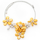 Wholesale Yellow Series Yellow Shell and White Freshwater Pearl Flower Necklace with Glass Beads Chain
