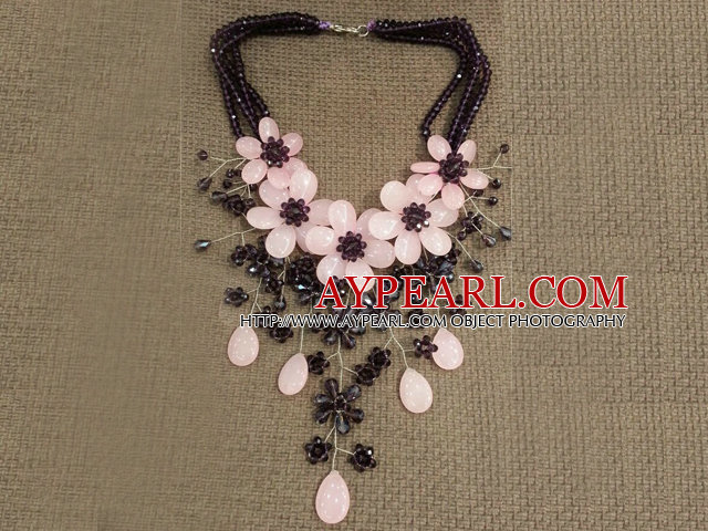 Gorgeous Statement Multi Layer Crystal Rose Quartz Flower Party Necklace