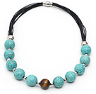 Wholesale Round Turquoise and Tiger Eye Leather Necklace with Magnetic Clasp